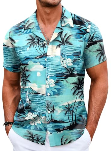 COOFANDY Hawaiiansk skjorta för män, kortärmad, avslappnad, funky strandskjorta, sommartröjor med ficka, Ljusblå kokosnötsträd, XXL
