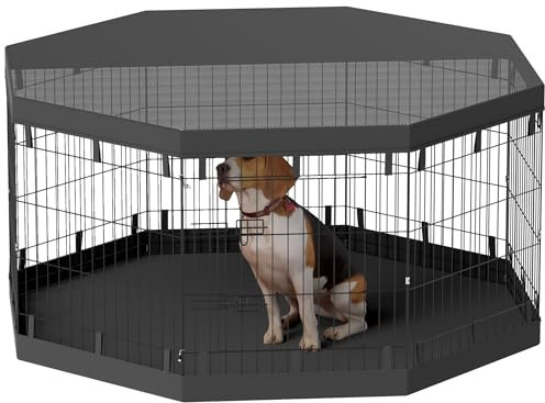 PawHut Welpenauslauf, Welpenlaufstall mit Türen, Fenster, Laufgitter mit Atmungsaktiv Netz, für kleine & mittelgroße Hunde unter 20 kg, Indoor & Outdoor, 159 x 159 x 76 cm, Schwarz