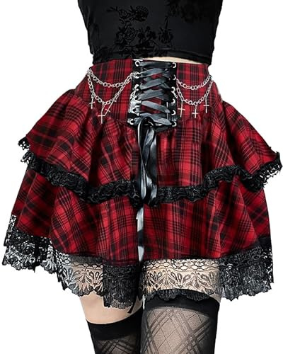 XKBHYD Minigonna gotica da donna, a vita alta, plissettata, stile punk, grunge, con lacci, Harajuku Lolita, con catena, Rosso, XL