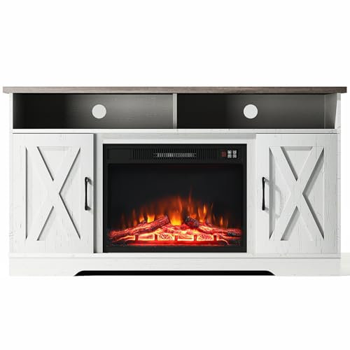 Warmiehomy Electric Fire Insert TV Stand, 54 TV Unit with Fireplace Built in, 23 Fireplace, Remote Control & Overheat Protection, White