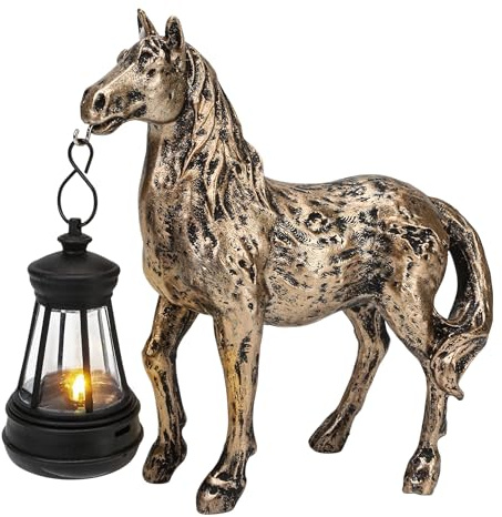 Horse Garden Statue with Lantern 7.5x6.8 inch, Solar Lighted Outdoor Figurine Sculpture for Yard Lawn Patio Farmhouse, Whimsical Home Decor, Gift for Housewarming Birthday Christmas (Bronze Color)