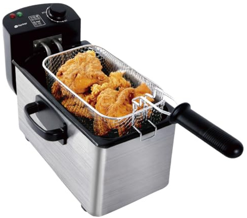 Maya Range Electric Deep Fat Fryer, 3 Litre Commercial Deep Fryer, Adjustable Temperature Control, Chip Pan with Basket & Lid for Kitchen, Restaurant, 2000W, Stainless Steel