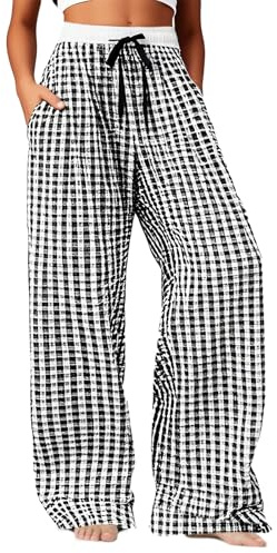 Okdance Pantalon de pyjama pour femme – Pantalon de détente taille haute avec cordon de serrage, short de nuit à jambes larges, pantalon de pyjama respirant à carreaux pour femme, pour dormir, course