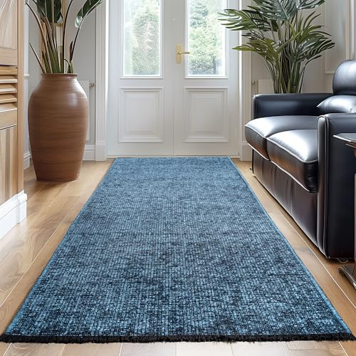 Carpetsale24, Baumwolle Teppich Läufer Blau 80x250 cm Waschbar, Boho-Stil, Vintage Kelim, Kurzflor, rutschfest & Weich, Einfarbig Meliert, Für Küche, Schlafzimmer & Flur