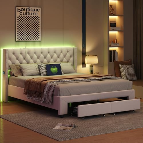 Lit Double Rembourré 140x190 avec LED & Chargement USB/Type-C, Cadre de Lit avec 2 Tiroirs de Rangement sous le Lit, Tête de Lit Douce en Velours pour Adulte et Enfant, Beige (Beige, 140x190cm)