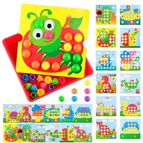PlsMupn Mosaik Steckspiel ab 4 5 6 Jahre, Montessori Lernspielzeug mit 12 Bildvorlagen & 46 Steckperlen, Farben Lernen & Motorik fördern, Pädagogisches Steckspiel für Kinder, Geschenk Junge Mädchen