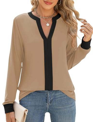 Cuptacc Camisa Mujer Cuello en V Manga Larga Blusa Moda Camisetas Impresión Túnica Camiseta para Mujer Negro Caqui, X-Large XL 46-48