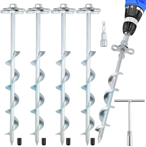 Ciyivak Ground Anchors Screw in – 4 Pack Spiral Tent Stakes heavy duty with Drill Socket & T-Handle, 12 Inch Trampoline Anchor with Hook & Ring Design for Tents, Sheds, Canopies, Swing Sets, Gazebo(4)