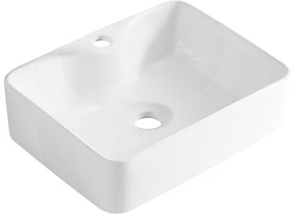 AQUAUNO - Lavabo da appoggio KAIA 49 x 38 cm, rettangolare, in ceramica bianca con foro per rubinetto senza troppopieno, in ceramica sanitaria