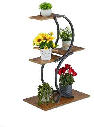 Relaxdays Pflanzenständer, 4 Ebenen, HxBxT: 76 x 48 x 30 cm, geschwungenes Blumenregal für 5 Blumentöpfe, schwarz/braun