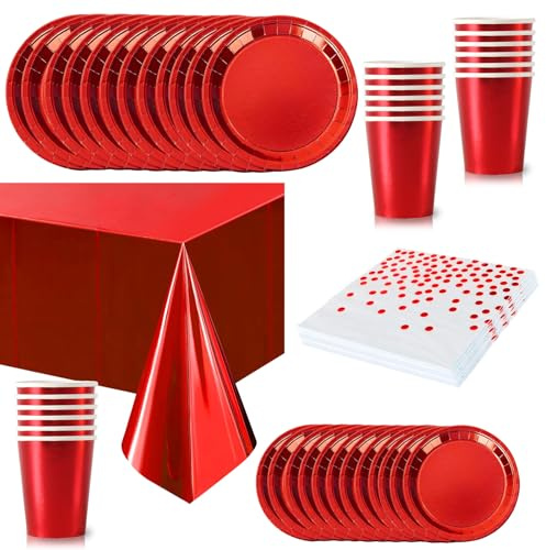 65 Pezzi Set Stoviglie per Feste Rosso Foil,Piatti Tazze Asciugamani di Carta Tovaglia Plastica Stoviglie Monouso Biodegradabili,Decorazione Desktop per Feste di Compleanno,Picnic,Baby Shower