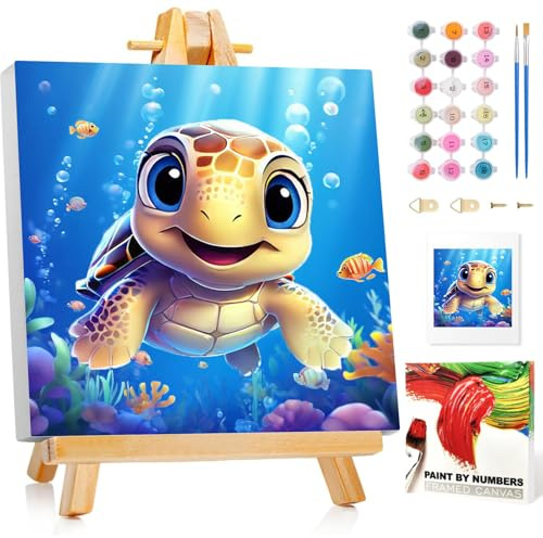 Mafenr Art Tortue Peinture Numero Enfant Avec Cadre et Chevalet, Tortue Peinture par Numero Enfant, Peinture par Pour la Décoration de la Maison 20x20cm