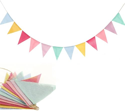 Wimpelkette Kinderzimmer Deko 4 m, Wimpelkette Stoff, 12 Leinen-Wimpel als Wanddeko Kinderzimmer & Draußen, Geburtstagsdeko, Weihnachtsdeko & Partydeko