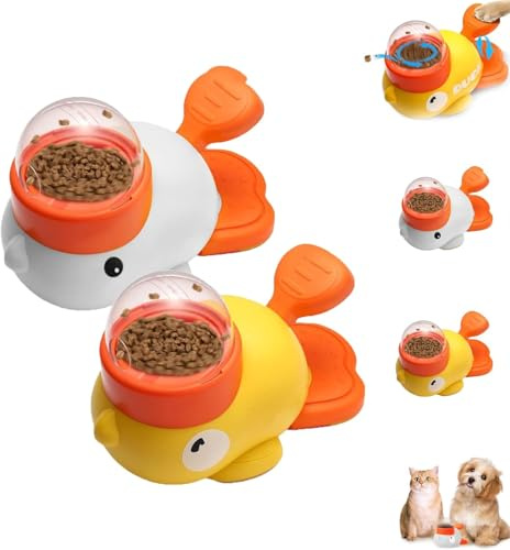 Dog Feeder Puzzle Toy Duck, 2-in-1 Interactive Slow Feeder Puzzle Toy, Duck Treat Dispenser Food Puzzle Slow Feeders for Dogs Cats, Press-to-Dispense Pet Puzzles Toys for IQ Training (Yellow + White)