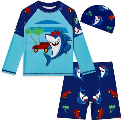 MASOCIO Traje de Baño Niño 3 Piezas Bañador Camiseta Agua Surf de Manga Larga Pantalones Cortos y Gorra Bebe Proteccion Solar UV UPF 50+ Secado Rapido Natacion Piscina Playa 4-5 Años Multicolor 4