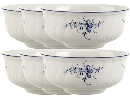 Villeroy & Boch Vieux Luxembourg Dessertschalen 6er Set, 12.9 cm, Beilagenschalen mit filigranem Relief, Premium Porzellan, Spülamschinenfest & Mikrowellensicher, Weiß-Blau