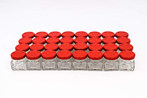 Flaschenbauer - 32 Mini Gläser 40 ml quadratisch mit rotem Schraubdeckel TO 43 - Mini Gläser ideal für Konfitüre, Honig oder Gewürze