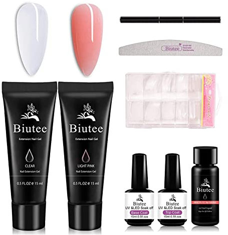 Acrigel per Unghie Kit Completo, Artine per Ricostruzione Unghie, 100 * Tip in Gel, 10 * Cartine per Ricostruzione Unghie, Trasparente e Rosa 30g,con 30ml Soluzione Scivolare 15ml Base e TopCoat