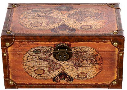 Birendy Baule 1622, mappa del mondo, scrigno del tesoro in legno rivestito in ecopelle (dimensioni L 35 cm x 21 cm x 19 cm)