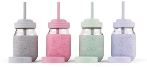Elk and Friends Kids/Toddler 16oz Glass Mason Jars + Sleeves + Lids | 4pk | Silicone Sleeves | Straws with Stoppers | Food Storage | Spill Resistant | Dishwasher Safe | Perfect for Smoothies