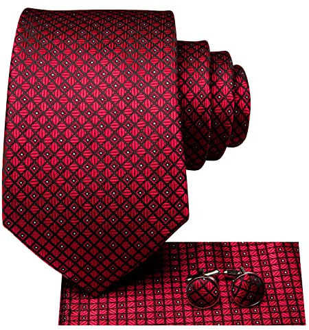 Hi-Tie Herren Seiden Krawatte Set Dunkelrot Karomuster Krawatte mit Einstecktuch Manschettenknöpfe Für Hochzeit