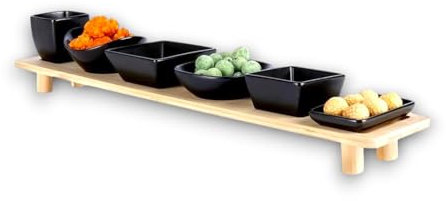 KORAT Tagliere in bamboo Per Aperitivo Con 6 Ciotole in Porcellana Elegante Set Degustazione per Aperitivi, Snack, Finger Food Design Moderno e Raffinato Ideale per Servire Antipasti 50x8.5 cm