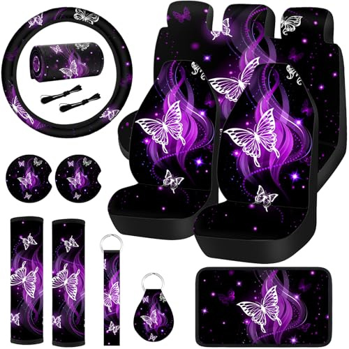 Frienda 15-teiliges Komplett-Set mit Autositzbezügen für Vorder- und Rücksitze, Lenkrad, Handgelenkschlaufe, Untersetzer, Armlehn-/Schulterpolster (Schmetterlings-Design in glitzerndem Lila)