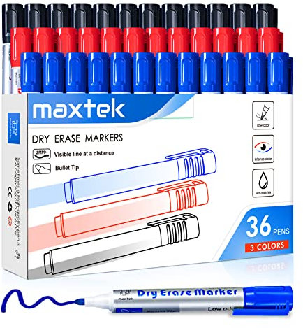 maxtek Whiteboard Pens Markers, 36 Count Whiteboard Markers Pens Erasable, Bullet Tip Black Blue Red 3 Assorted Colors, 2-3mm, Office & Classroom Teaching Supplies