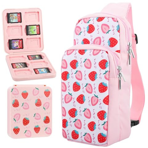 GLDRAM Pink Strawberry Travel Bag for Nintendo Switch/OLED/Lite/2, Cute Carrying Case Portable Sling Shoulder Bag Accessories Bundle for Switch with Game Card Case Holder & 2 Thumb Grip Caps for Girls
