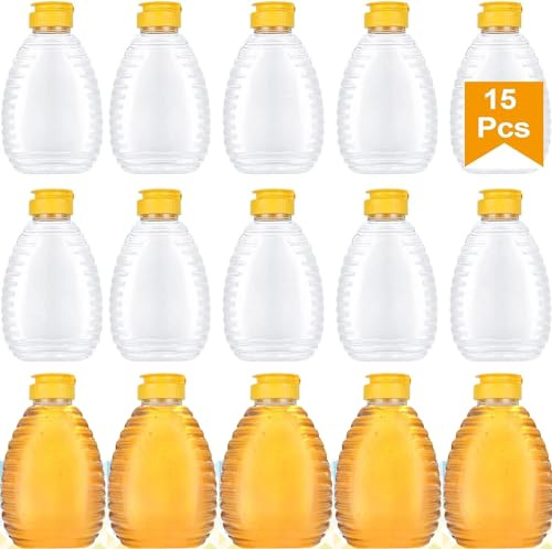 ACXFOND 15 x 473 ml Honiggläser, leere Honigbehälter, transparente Kunststoff-Honiggläser, Quetsch-Honigflasche mit auslaufsicherem Umklappen, Deckel zum Aufbewahren und Dosieren