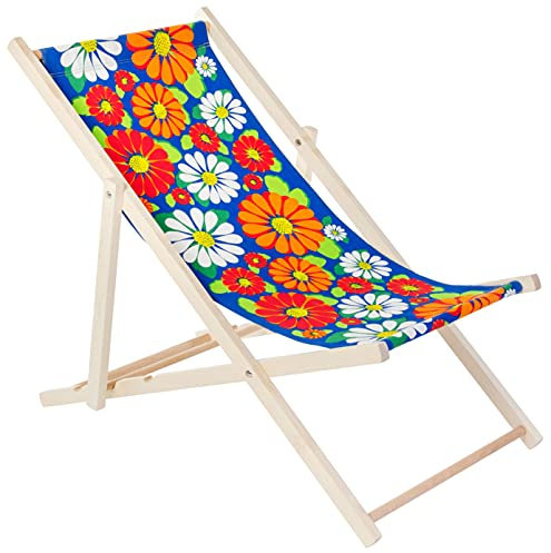 Specwood Strandliege Klappbar Leicht - 119x58 cm - Liegestuhl klappbar Holz für Garten Balkon - Sonnenliege Holz wetterfest - Klappliegestuhl aus Buche mit Baumwollstoff - Strandstuhl - Blümchenmuster