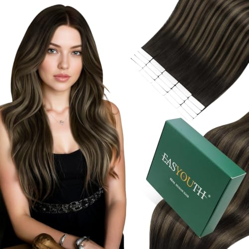 Easyouth Extensions Echthaar Tape Braun Ombre Echthaar Extension Tapes Aschbraun Balayage Dunkelstes Braun Tape in Extensions Menschenhaar Unsichtbar #2/8/2 30cm 30g