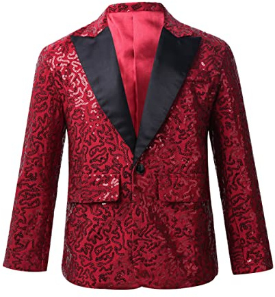 iiniim Niños Blazer Slim Fit Manga Larga Chaqueta de Traje para Niños De Lentejuelas Brillante con Botón Abrigos Casual Esmóquines para Niños Bodas Actuación A Borgoña 13-14 años
