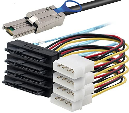 MINI SAS HD SFF-8088 26P to 4 Ports SAS SFF-8482 server Adapter cable with power (1m,Black)