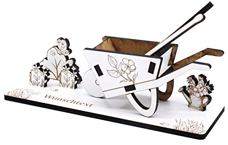 DEKOLANDO Geldgeschenk Garten Geburtstag mit Schubkarre, Gießkanne und Blumen - inkl. Wunschtext Name - Schild für Geld Gutschein Gutscheingeschenk Gärtner Gärtnerei - 20 x 7 cm