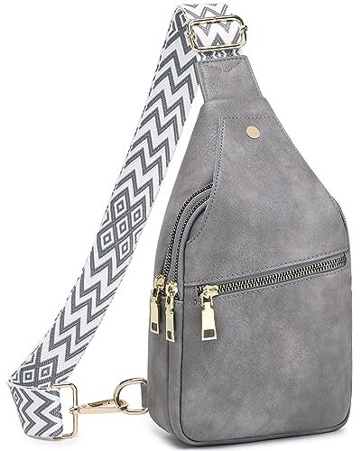 Suweir Brusttasche Damen Sling Bag Klein Umhängetasche PU Leder Crossbody Stylisch Bauchtasche Frauen Schultertasche Breiter Gurt Rucksack für Outdoorsport, Reisen, Radfahren (Grau)
