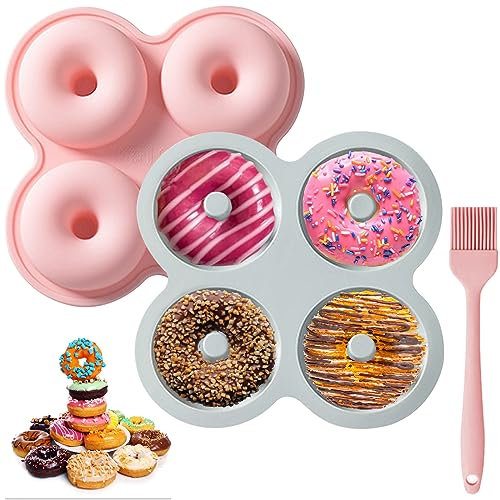 Jogoico Stampi Ciambelle Silicone 2 Pezzi, Stampo per Ciambelle in Silicone di Cottura 4 Cavità, Stampo Donuts Teglia Antiaderente e Pennello da Cucina per Muffin, Cupcake, Biscotti, Bagel, Dolci