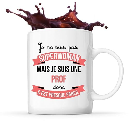 Planetee Tasse Blanche Prof Superwoman - Mug Café Thé Idée Cadeau Femme Humour Collègue famille Anniversaire Noël