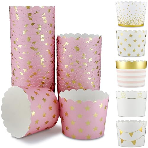 Frau WunderVoll® 50 Muffin Backformen rosa Gold (metallic) Sterne Durchmesser 6,1 cm/goldene Muffins Muffinbackform Muffinform Form Backförmchen Cupcake Formen Förmchen Papier Cupcakeformen