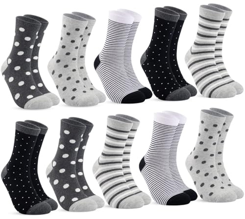 Blu Ninfee 10 Paar Socken Damen 35-38, Strümpfe damen Baumwolle Lange Ringelsocken, Bunte Damensocken Baumwollsocken Mädchen mit Streifen Punkte