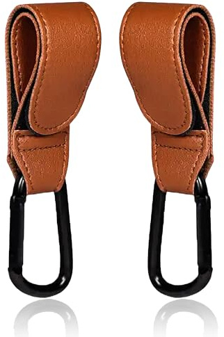 (2pcs Brown) Buggy Stroller Hooks - Pram Pushchair Clip for Baby Mummy Bag Hangers - Leather Carabiner Universal Clips Organizer for Hanging Bags, Backpacks, Purses, Grocery Items and Outing (Brown)