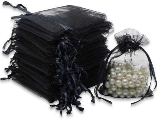 Leeyunbee 100PCS 7x9 cm Bolsa de Organza Negro, Bolsitas de Organza, Bolsas para Envoltura de Joyas, Bolsas de Organza de Regalo con Cordón para Boda Favores Joyas y Dulces