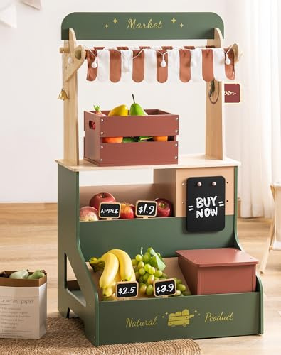 ROBOTIME Wooden Grocery Store Playset, Kids Play Store, Starlight Market Kitchen Playset Stand- Realistic Pretend Play Set with Lights, Chalkboard, Gift for Boys Girls 3+
