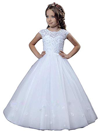 Abito da Prima Comunione in Pizzo per Battesimo per Ragazze 7-16 Junior Damigella d'onore Matrimonio, bianco, 8-9 Anni