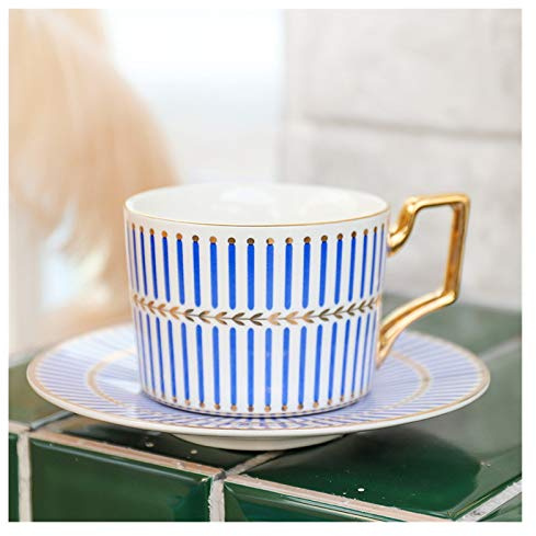 NOURIS Service à café, ensemble de tasses à café et soucoupes marocaines, tasse à thé de l'après-midi en céramique, Cappuccino, ensemble de tasses et soucoupes de 250ml(Vertical Stripe Blue)