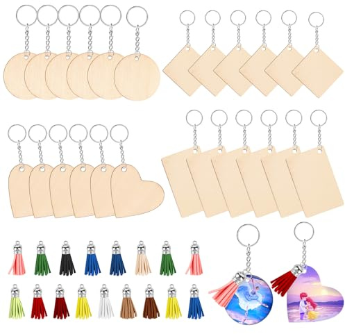 UWOBEFO Holzanhänger 96 Stücke Schlüsselbund Runde Holz Schlüsselanhänger Blanko DIY Holzanhänger Dekorieren für DIY Handwerk