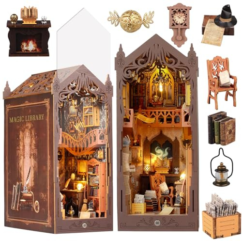 Vaki Vaki [2026 New] Magic Bookstore Book Nook Kit with Dust Cover & LED Light, DIY Miniature House Kit Toy, 3D Wooden Puzzle Bookshelf Decor Building Kit, Birthday Gifts for Family & Friends