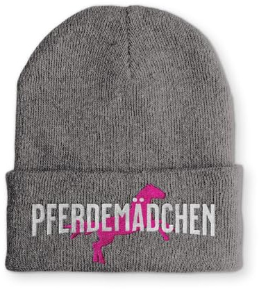 tshirtladen Beanie Mütze Pferdemädchen Stickerei mit pinkem Pferd warme Winter Haube aus Strick für Reiterinnen und Pferdefans elastisch Unisex one Size