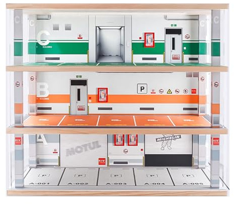 Model Car Display case 1/32 Scale with LED Light and Acrylic Dust Cover Hot Wheels diecast Model Car Display Stand,Wooden Parking lot Garage Scene Collectible Toys Car Model Display Stand