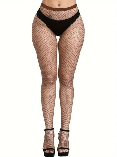 Boolavard nätstrumpor, hög midja tights för kvinnor, gnistrande strass fisknät fest, fisknät tights damer plus size en storlek passar alla, Kaffe, one size